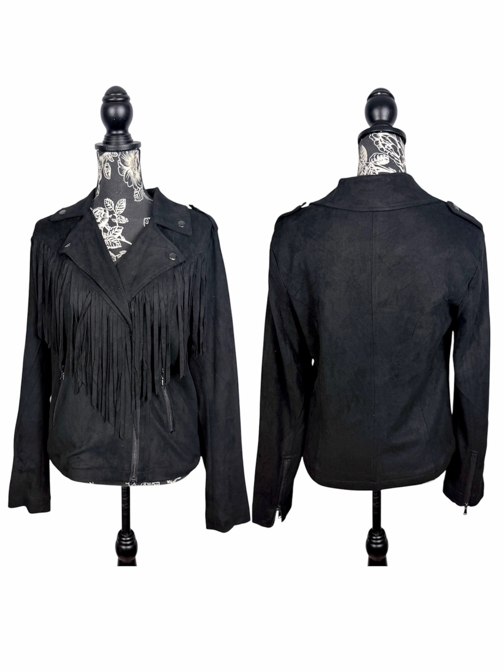 One 5 One Black Faux Suede Fringe Moto Cropped Jacket Size Medium